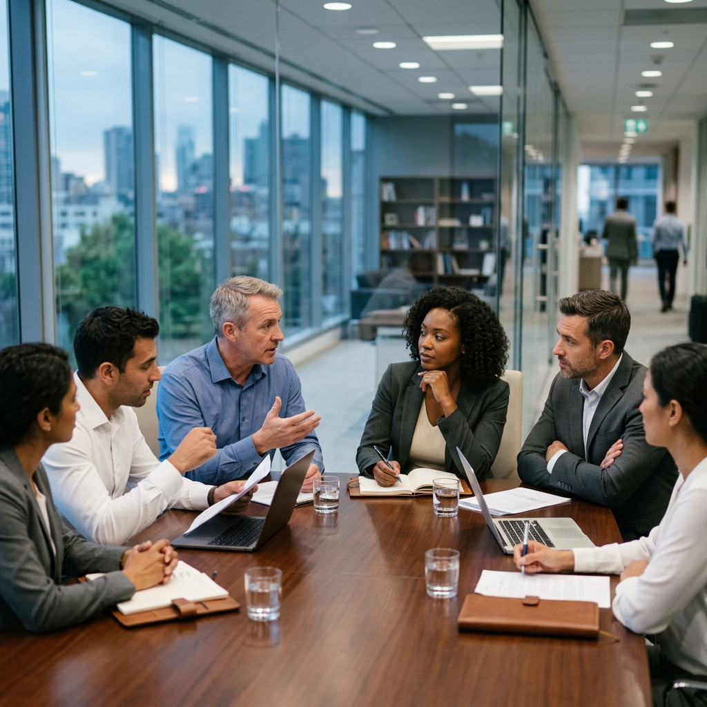 Five business professionals having a discussion in a meeting room with laptops and notebooks